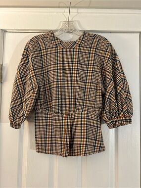 Plaid Peasant Blouse in Black, Orange and Tan